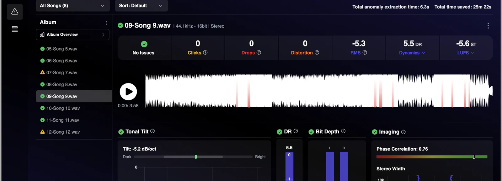 AMIE anomaly list: clicks, drops and distortion counted for each song