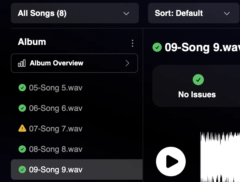 AMIE song list after a batch run: eight files with pass and warning icons
