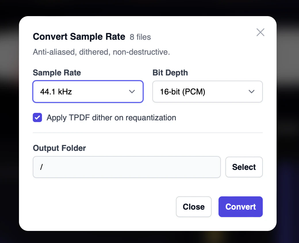 AMIE Convert sheet: target sample rate, bit depth and dither options