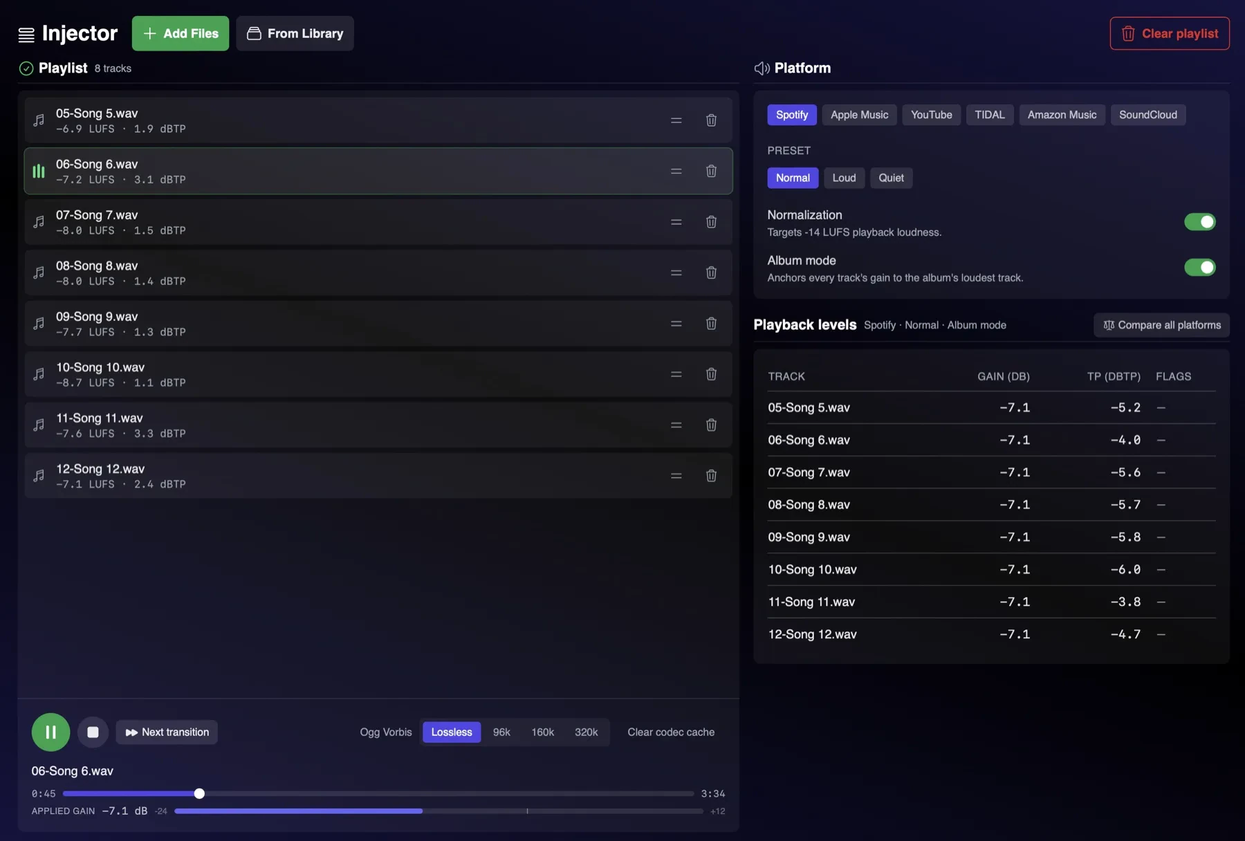 AMIE Injector: an eight-track playlist on the left, platform and preset controls on the right, and a playback-levels table showing the gain and true-peak value for every track on Spotify