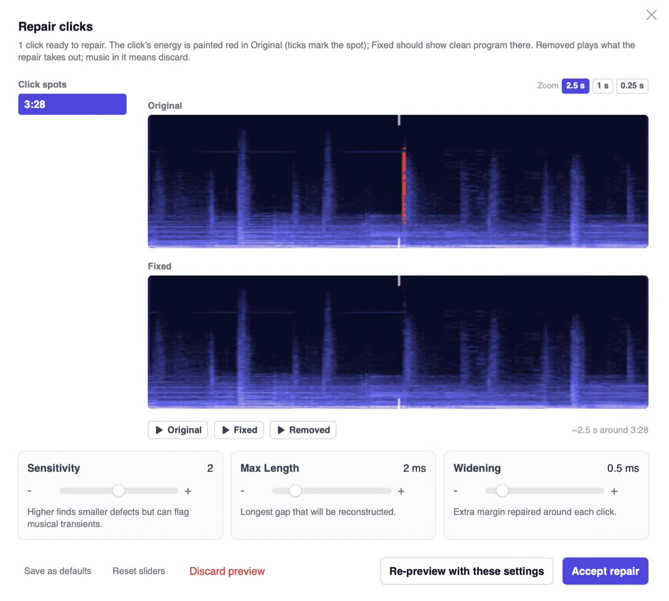 AMIE Repair clicks sheet: one click spot at 3:28, the Original spectrogram with the click painted red, the Fixed spectrogram clean below it, Original, Fixed and Removed play buttons, the Sensitivity, Max Length and Widening sliders, and the Accept repair button
