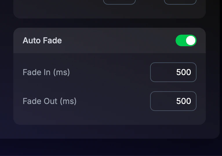 TargetLevel+ auto fade settings with independent fade-in and fade-out times