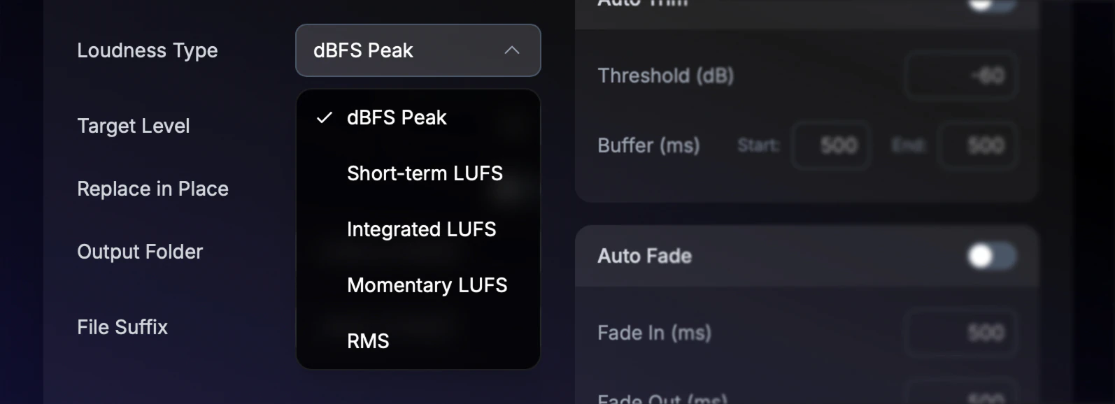 TargetLevel+ loudness type picker: dBFS peak, LUFS and RMS with their targets